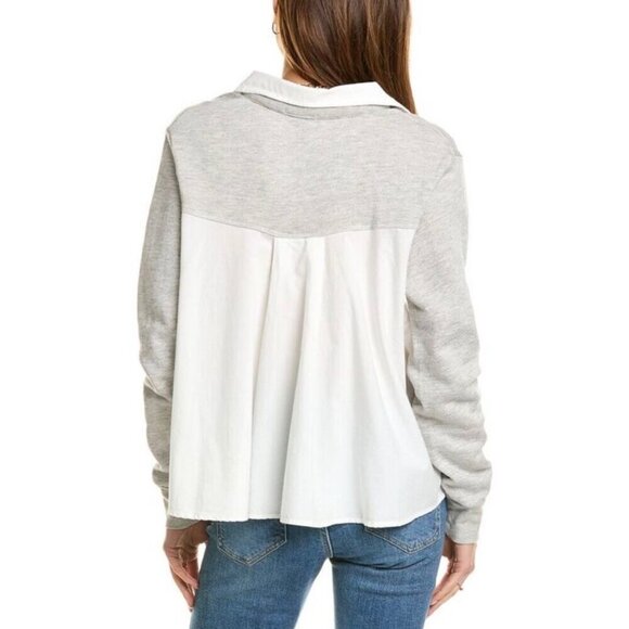 Monrow Poplin Mix Collar Sweatshirt Gray White Size Medium - Picture 4 of 9